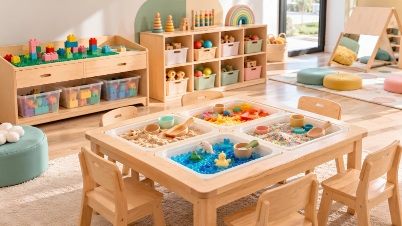 Sensory play table with trays, scoops and tactile learning materials