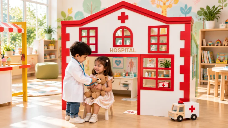 Child playing doctor at a hospital facade roleplay set