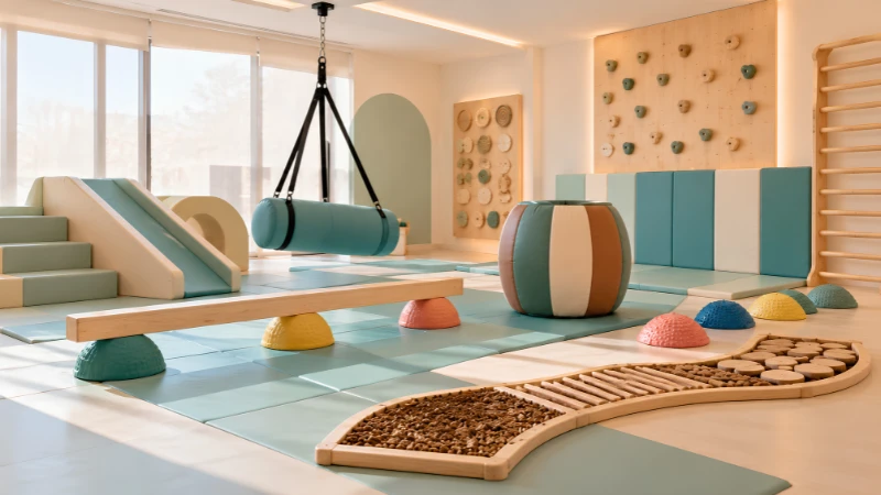 Indoor sensory movement zone with a therapy swing, balance barrel and stepping stones