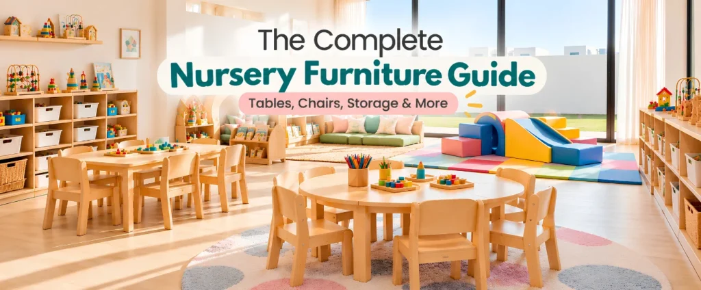 Modern nursery classroom setup with wooden tables, chairs and storage in the UAE