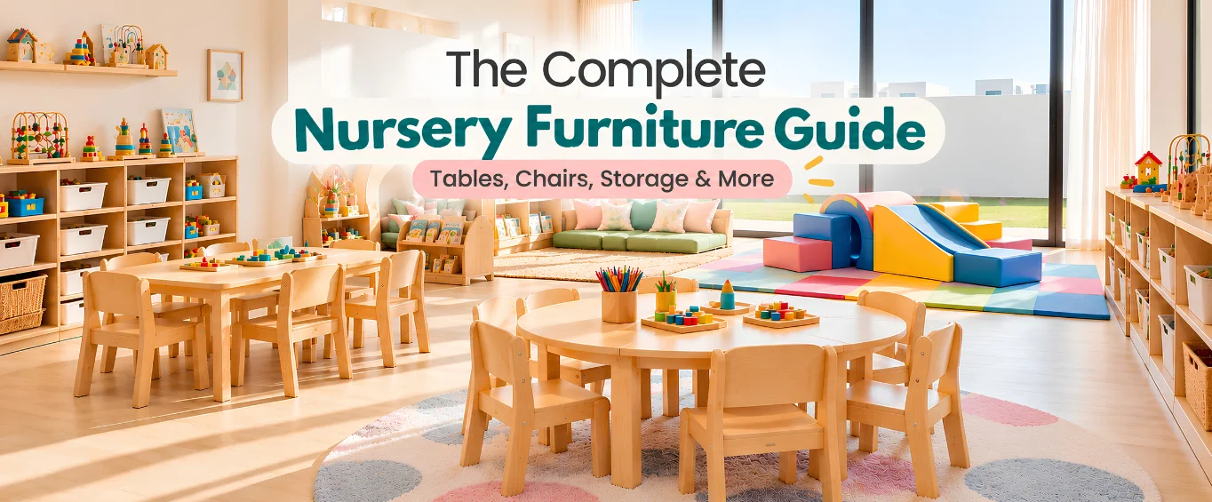 Modern nursery classroom setup with wooden tables, chairs and storage in the UAE