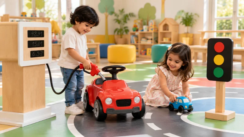 Kids playing with a petrol station and traffic signal roleplay set