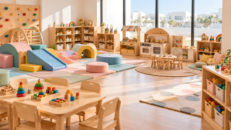 Soft play equipment and sensory activity zone in a nursery classroom