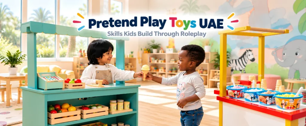 Children playing with a shop roleplay set and an ice cream stand in a UAE nursery