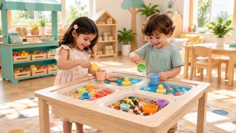 Children playing with sand and water at a Montessori sensory play table