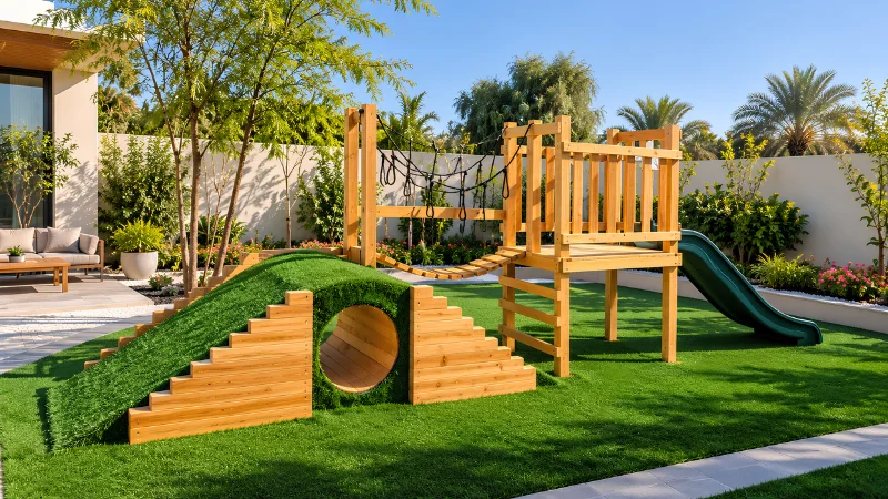 Wooden outdoor play equipment with a climbing mound and slide in a villa garden
