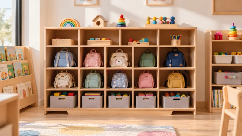 Wooden nursery cubbies and open bookshelves for children's belongings and books