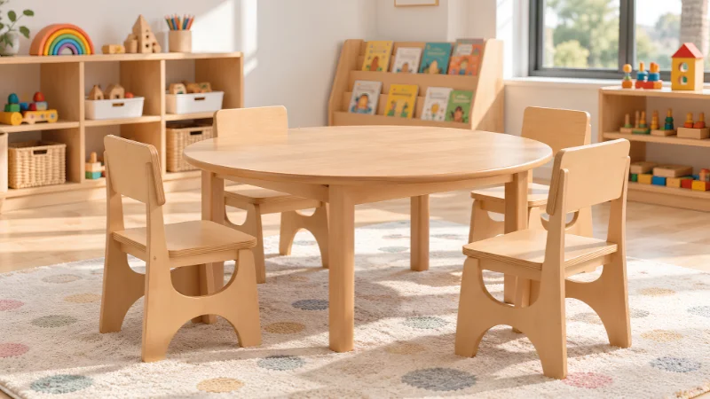Wooden nursery tables and chairs sized for preschool children