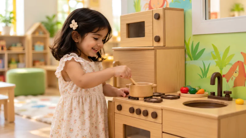 Child cooking at a role play kitchen set from Kids Home Decor